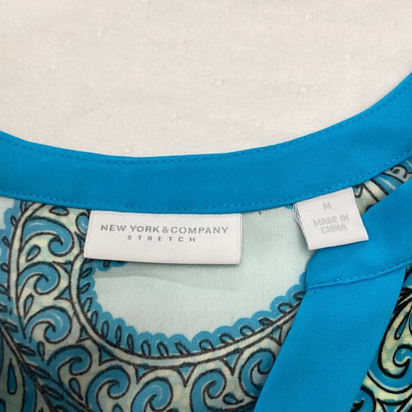 New York & Company Blue Paisley 3/4 Sleeve Belted V-Neck Blouse Size M - Picture 5 of 9
